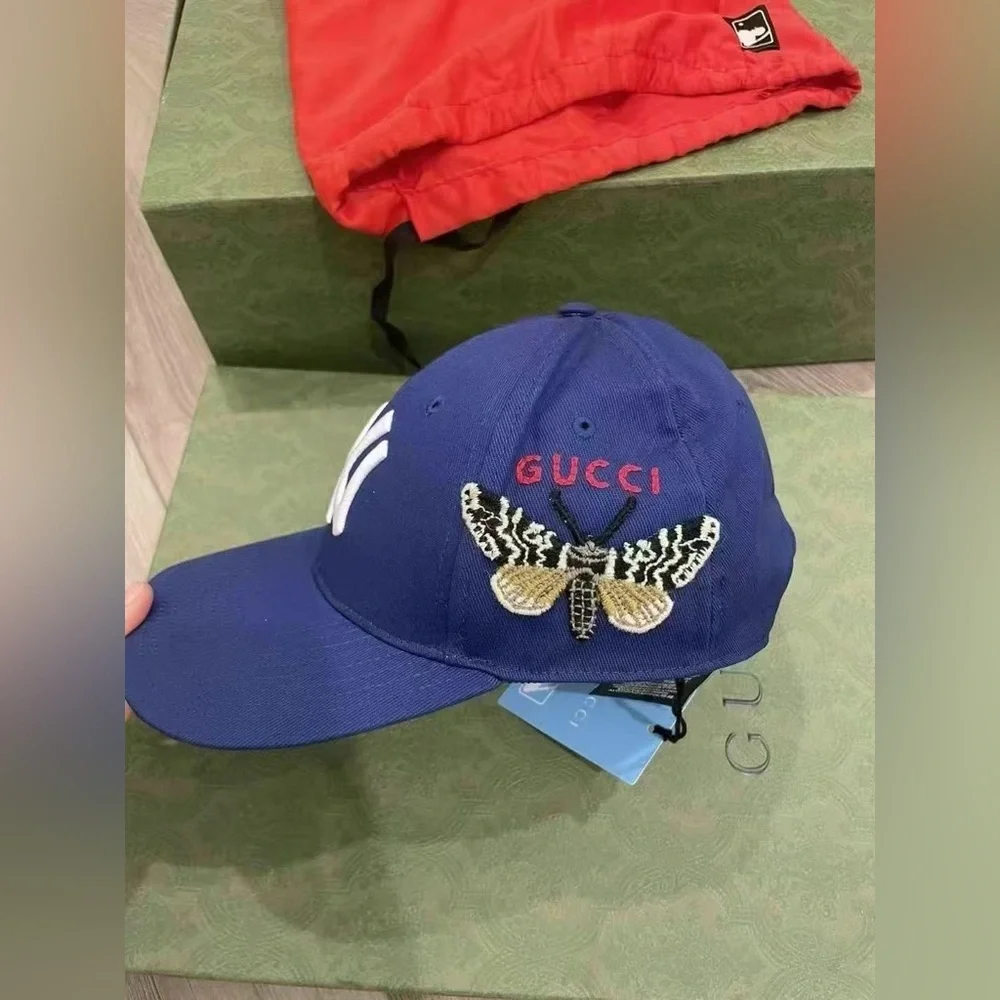 Authentic Gucci x NFL Yankees Butterfly Embroidered Baseball Cap Hat Blue NWT